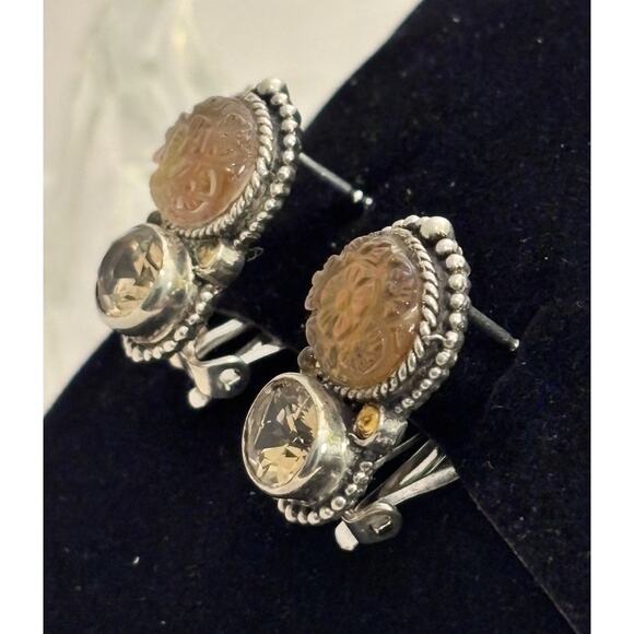 Stephen Dweck Sterling Flower Carved Crystal & Faceted Smokey Quartz EARRINGS - Picture 5 of 7